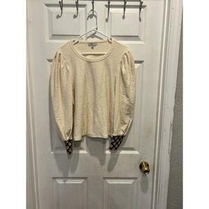 Polagram Cream Textured Puff Sleeve Knit Top with Floral Cuffs Women's Medium